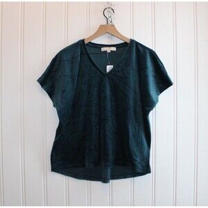 LOFT Emerald Green Velvet V-Neck Top Short Sleeve Size Small